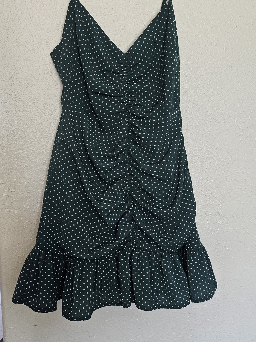 Urban Outfitters Dark Green Polka Dot Ruched Mini Dress